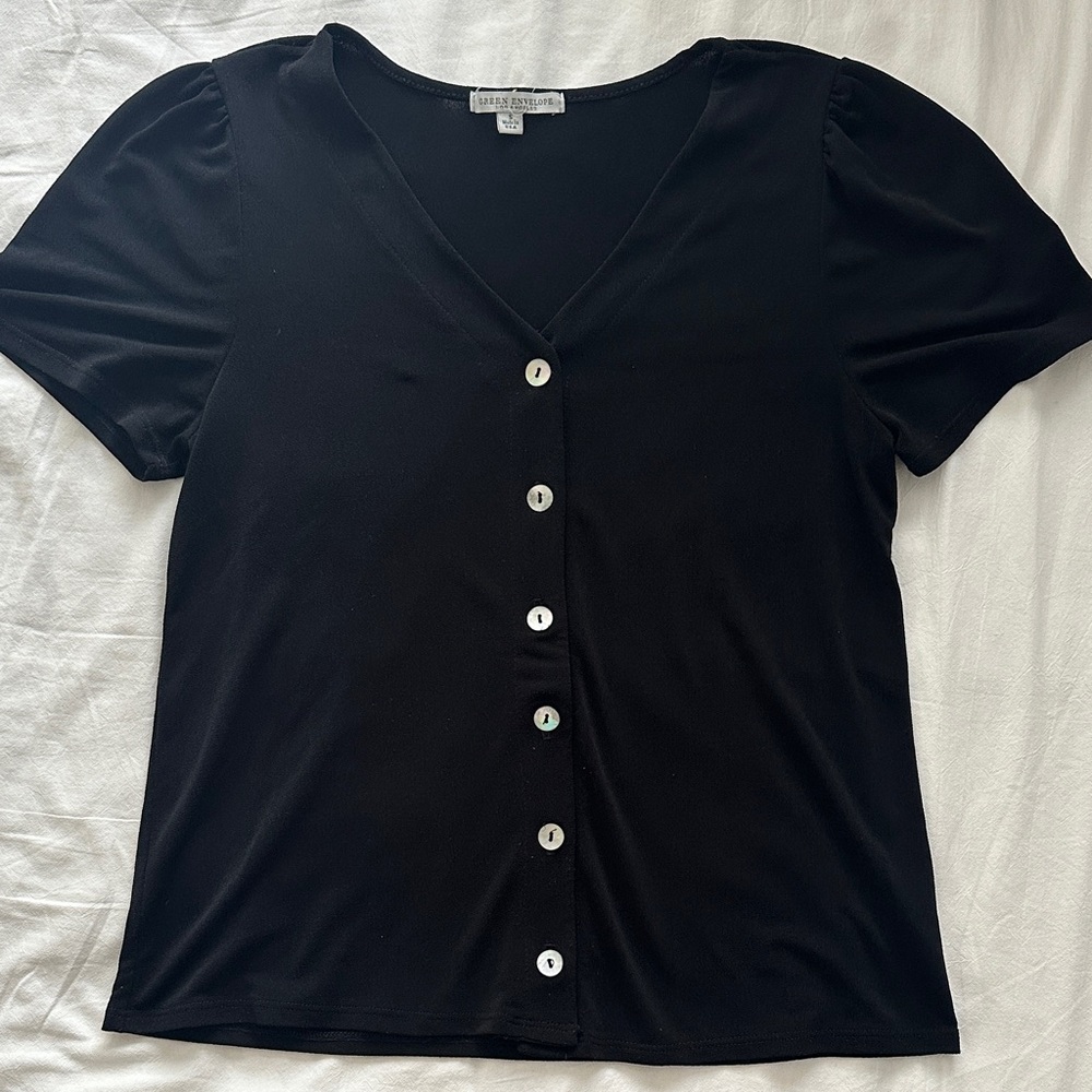 Green Envelope Black V-Neck Button Down Shirt